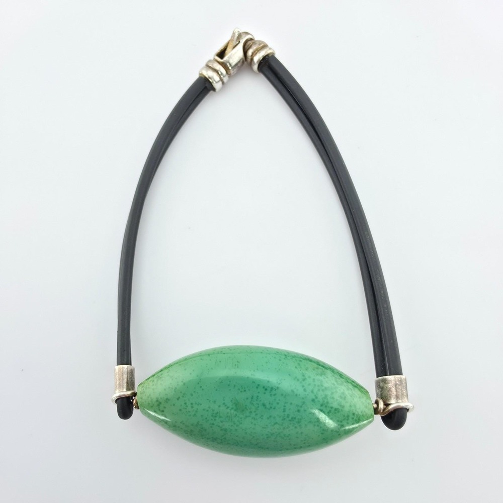 Vintage Jade Bracelet 925 Sterling Silver Bracelet Healing Silicone Cord 7"